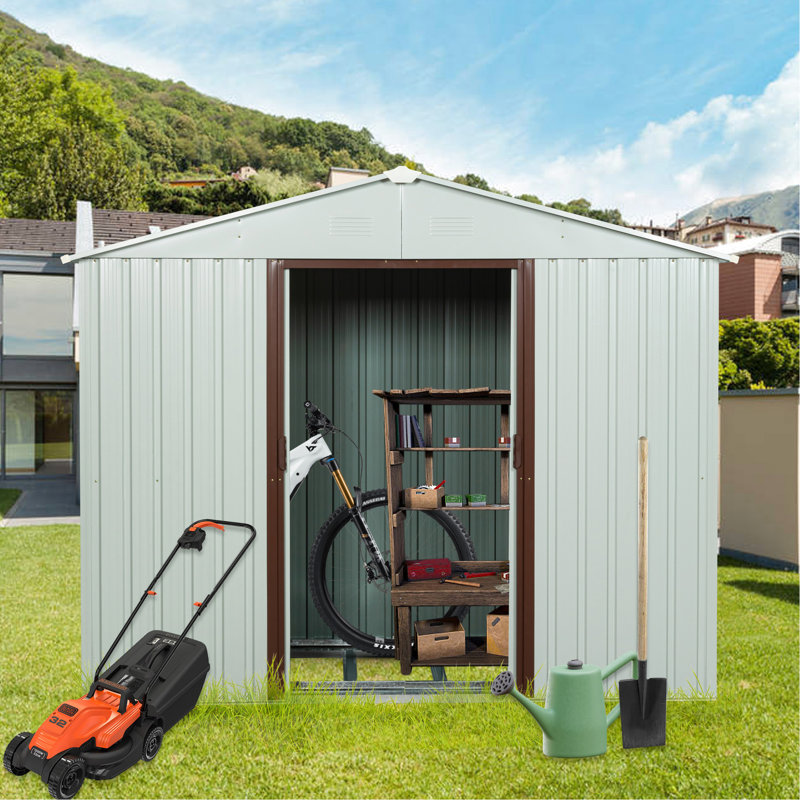 8ft X 4ft Metal Shed With Galvanized Steel And Foundation Outdoor Hooks, White