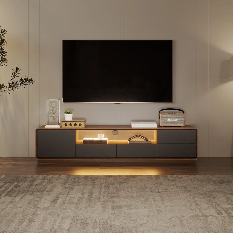 Modern Wood TV Stand With LED Lights, Media Console With 4 Drawers, Fully-Assembled, 14.96"H x 70.87"L x 15.75"W, Black