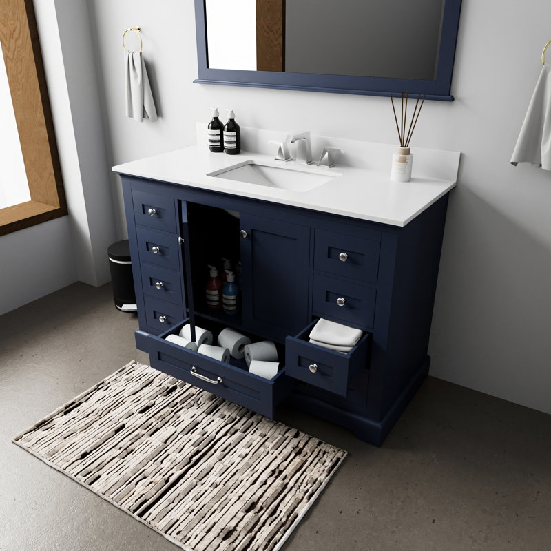 Meuble-lavabo simple bleu marine 48 po W, plateau en marbre de culture, robinet, miroir 46 - fabrication de qualité durable