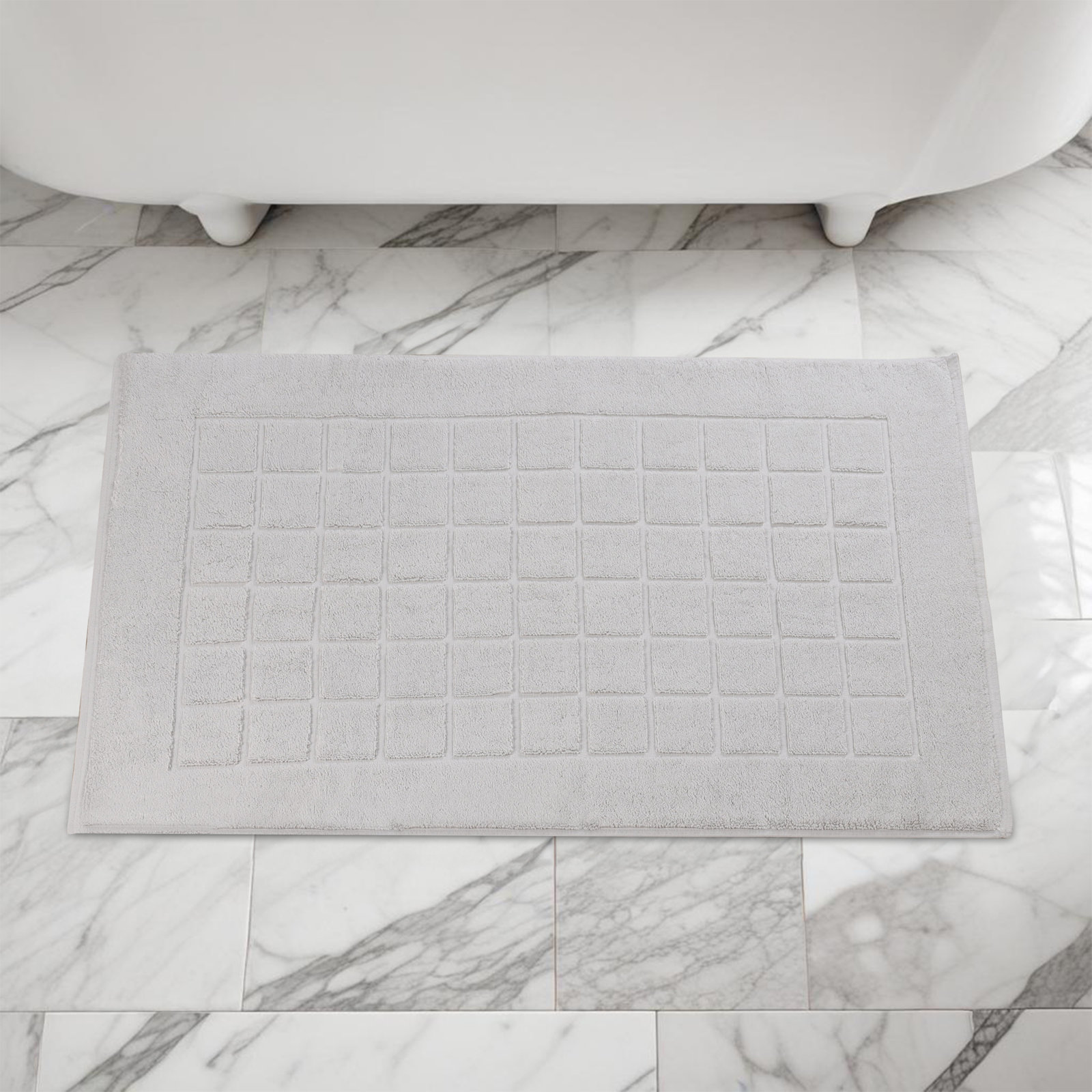 Nora Cotton Terry Solid Absorbent Thick Checkered Washable 2 Piece Bath Mat Set, Silver