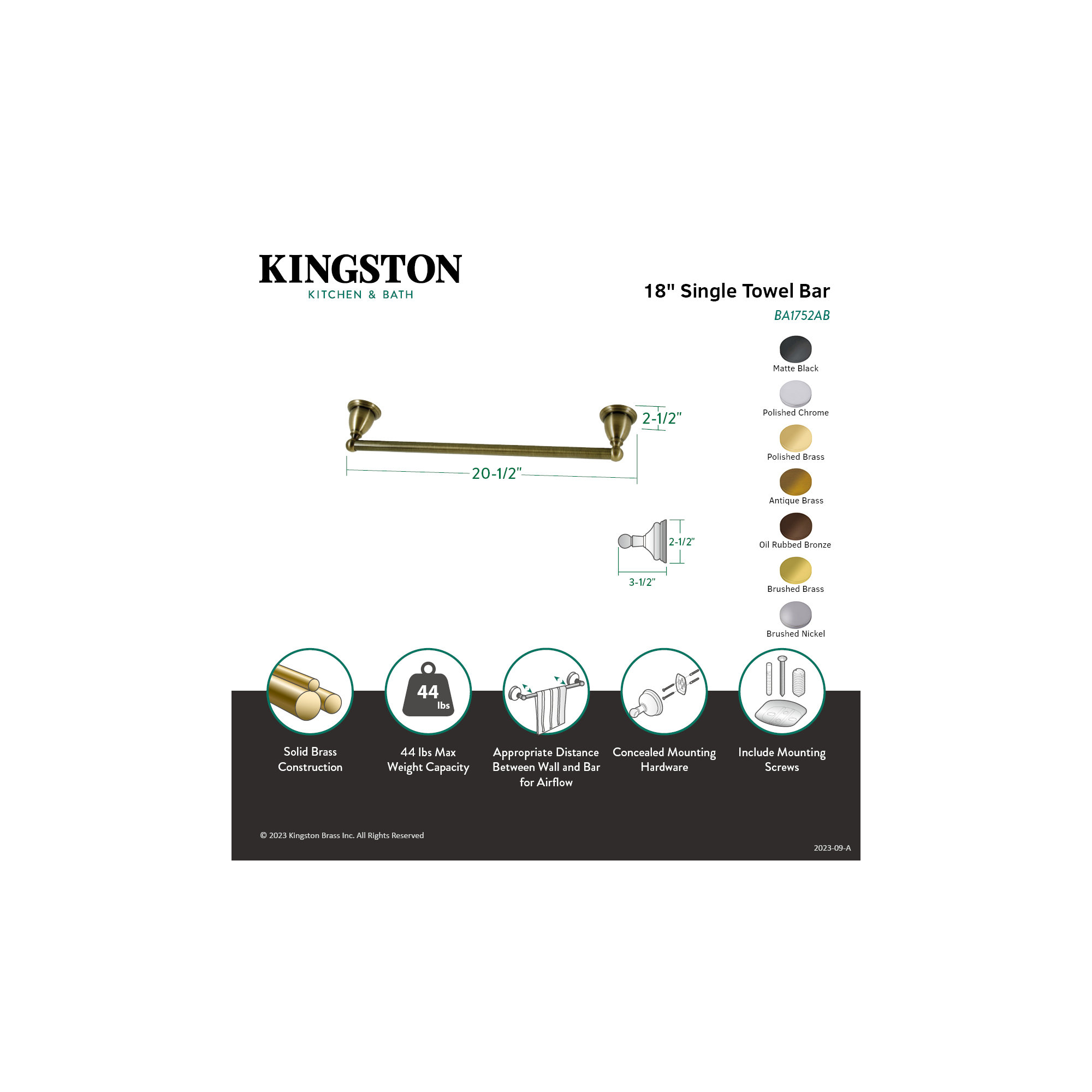 Kingston Brass Heritage 18-Inch Towel Bar, Vintage Brass