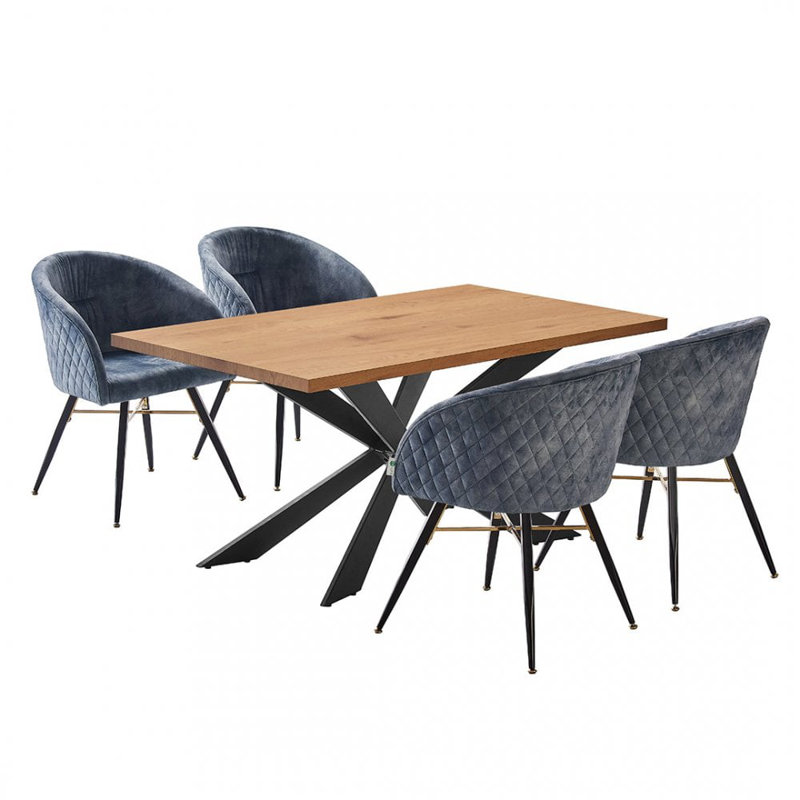 Goddard 4 Person Dining set - a Rectangular Wooden Dining Table with Metal Legs and a Set of 4 Quilted Velvet Dining Chairs for Dining Room - Modern Dining Table Set