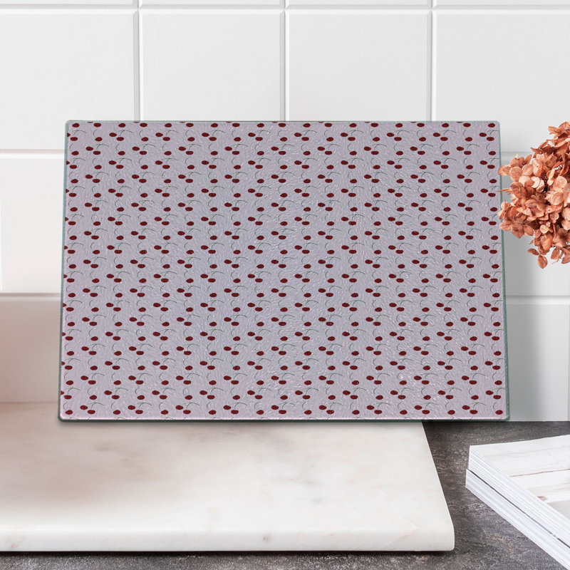 Ambesonne Cherry Tempered Glass Cutting Board Rhythmic Cherries Motifs Ruby Pink