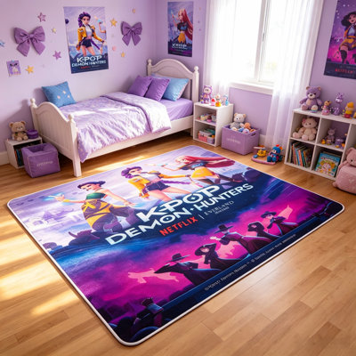Kpop Demon Hunters Purple Rug Gift for Girls Kids, 47x71 Inch Kpop Demon Hunters Merch Toys Birthday Party Decorations Main Character & Logo Bedroom Desor Rug 