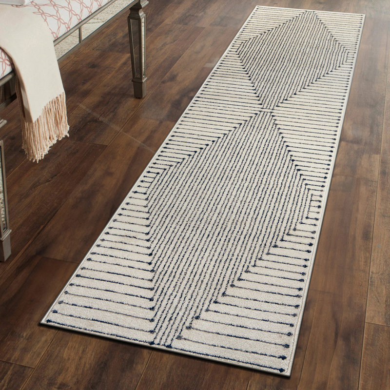 Modern Cream And Black Geometric Area Rug, Runner 2'2" x 8'