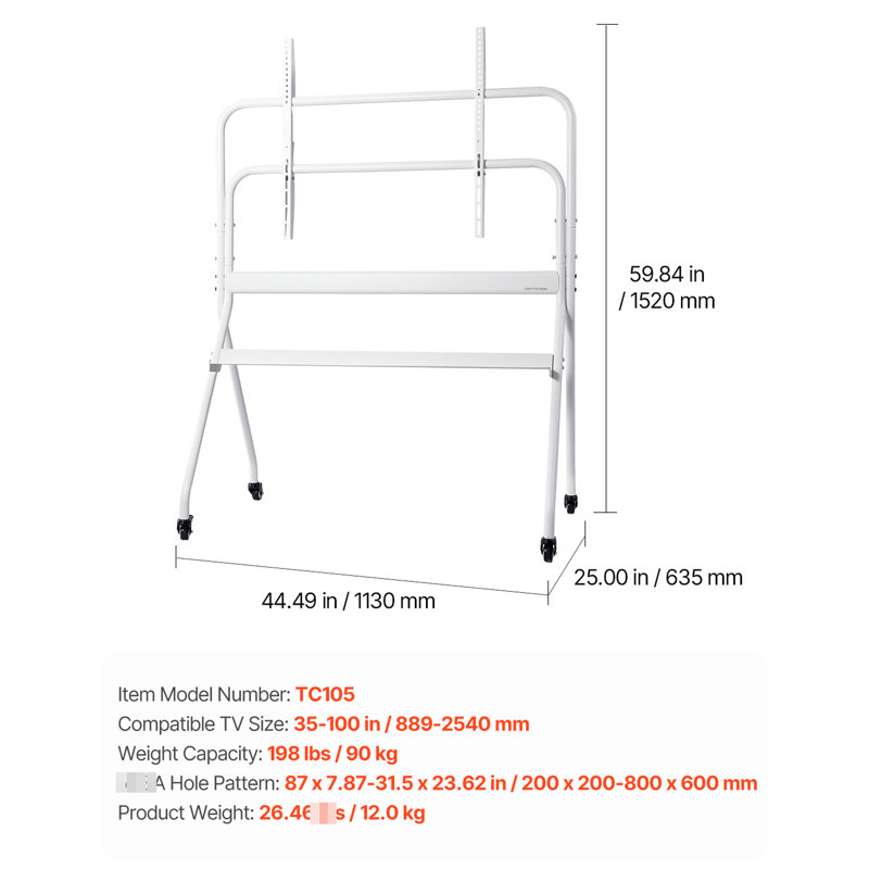 Support pour écran portatif pour téléviseur de 35 à 100 pouces DEL / Oled, acier au carbone, hauteur réglable, roues pivotantes, support de roulement stable, fixation universelle, fabrication en acier, supporte 198 lb, facile