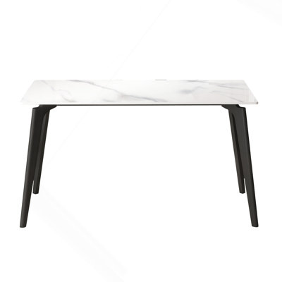 55.12" Modern Artificial Stone White Straight Edge Black Metal Leg Dining Table-Can Accommodate 6 People