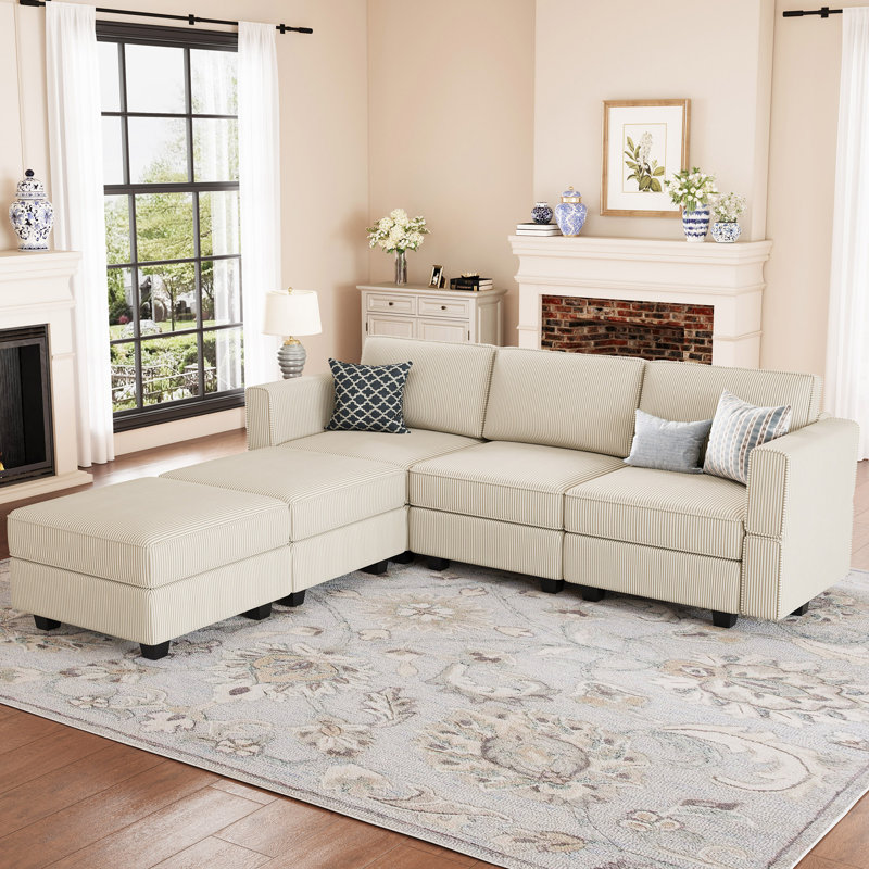 Alyciana U-Shaped Upholstered Sectional Couch Apartment Modular Sofa with Storage Ottoman, Biege Corduroy