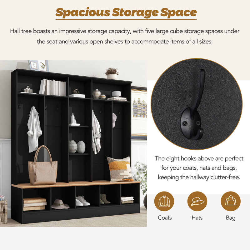 Hall Tree With Storage Bench - Minimalist Shoe Cabinet With Cubby Compartments And Shelves, Black