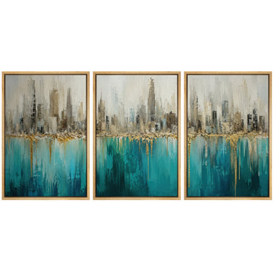 Tableau représentant une silhouette urbaine moderne turquoise et or avec des reflets dans l'eau, idéal pour le bureau. Impression giclée sur toile encadrée, ensemble de 3 pièces (61 x 91 cm).