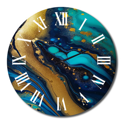 Blue Dreams Liquid Gold And Turquoise Marble II Metal Wall Clock
