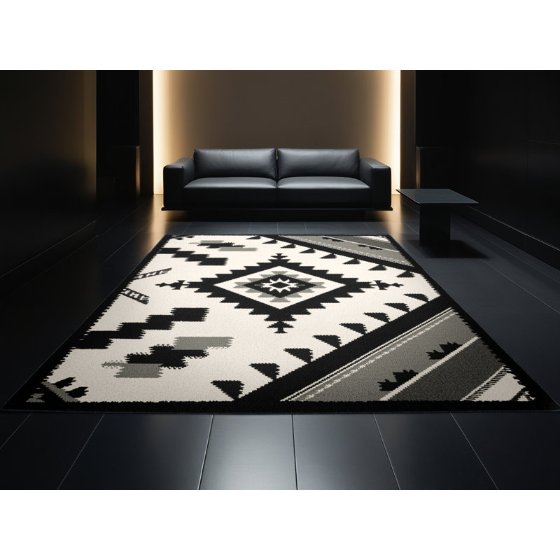 Soft Plush Ehmann Rustic Geometric Area Rug in Beige – Black Binding, 2x4