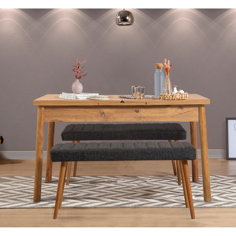 Extendable Dining Table & Bench Set (3 Pieces), Natural/Black