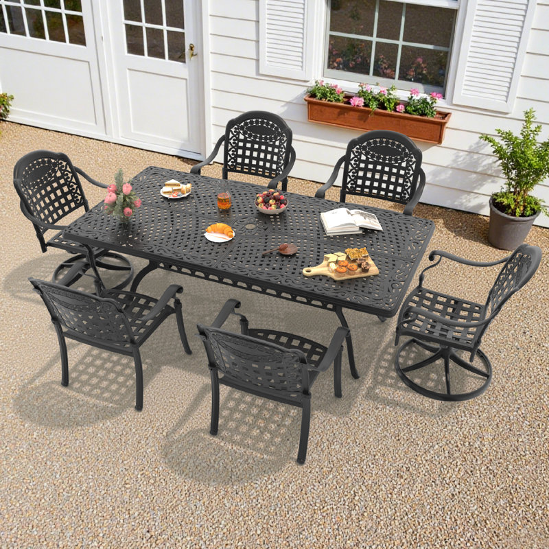 6-Person Rectangular Cast Aluminum Patio Dining Set with 2 Swivel Chairs & Cushions & Umbrella Hole
