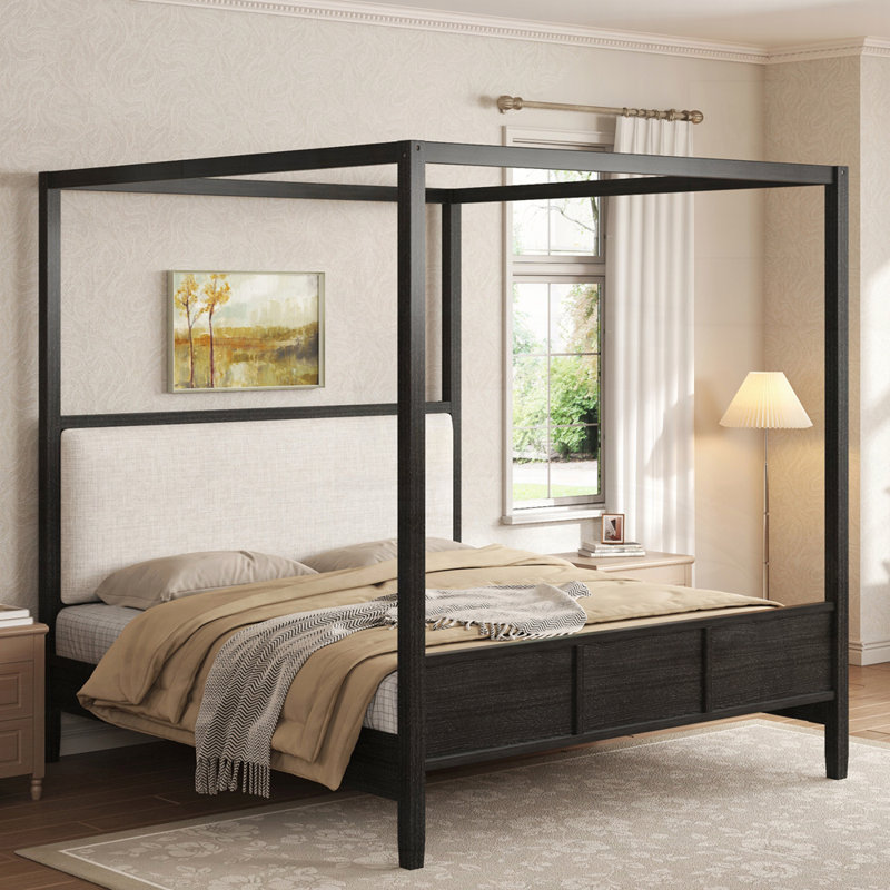 Lit plateforme à baldaquin en bois avec tête de lit tapissier, aucun sommier nécessaire, Black, Queen