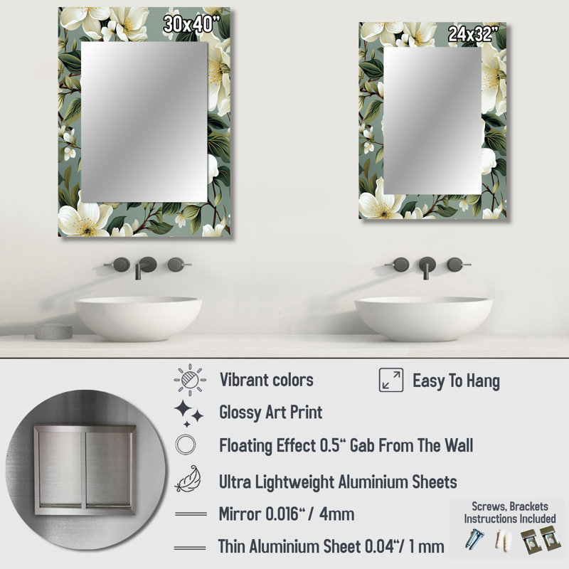 Fleurs de jasmin blanches et feuilles vertes - décoration murale miroir floral, 32 po x 24 po