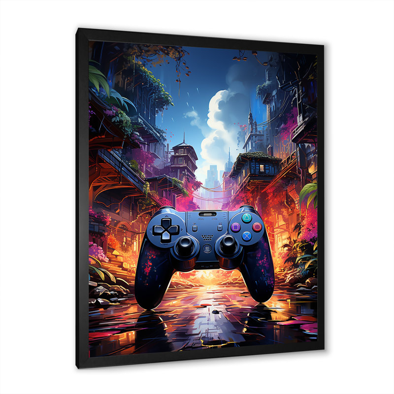 Contrôleur de jeu vidéo Neon Haven I - Art mural de jeux vidéo, Cadre simple noir, H 32 po x l 24 po x P 1 po