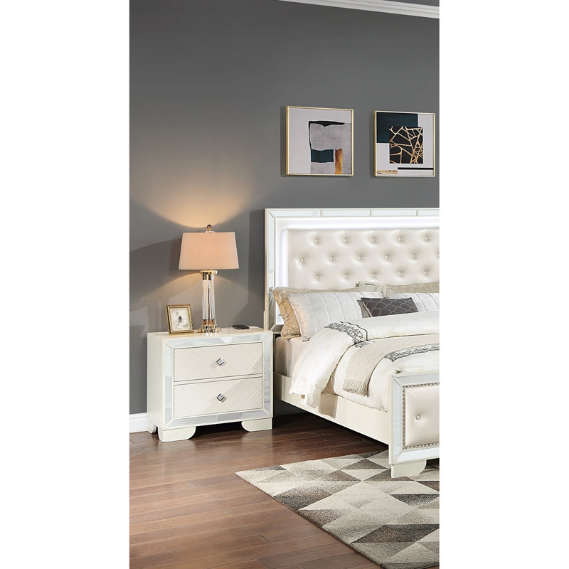 Armoire de chevet moderne avec 2 tiroirs, charge sans fil et poignée en diamant en bois massif crème