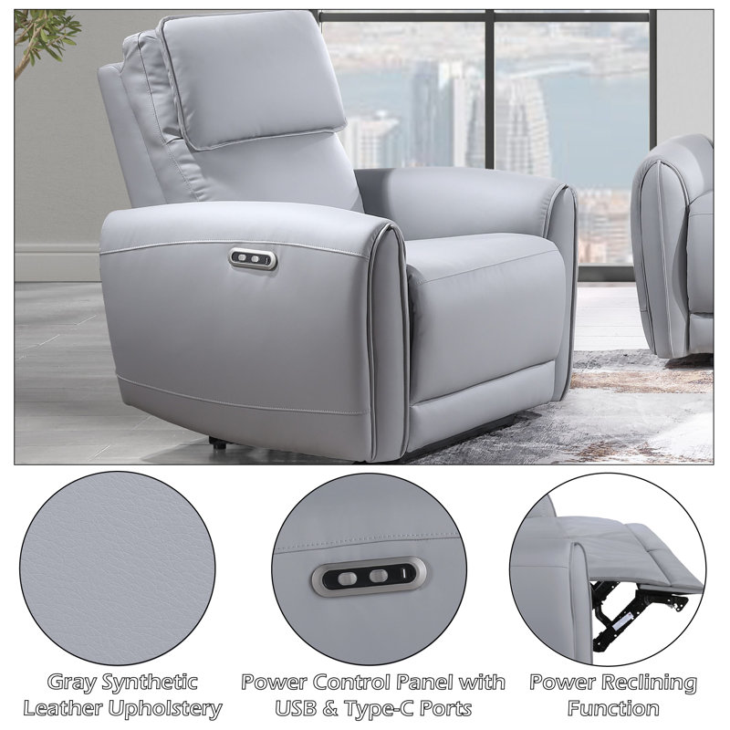 Alice Power Motion Recliner Chair With USB Port, Gray Synthetic Leather Upholstered Recliner