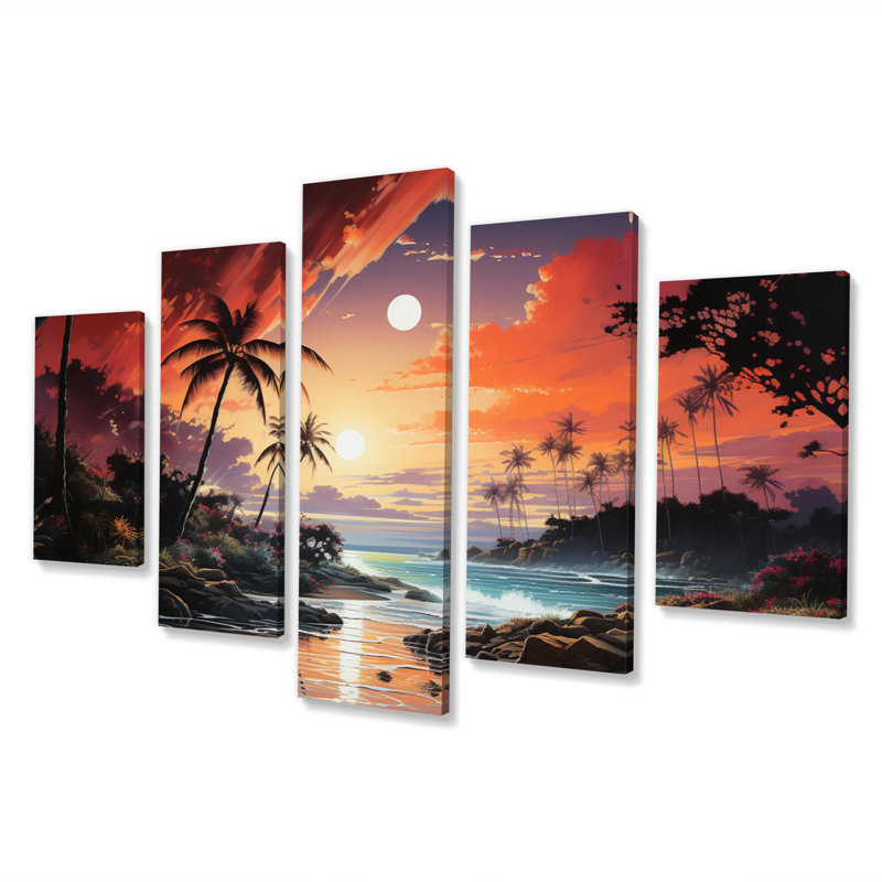 Coral Palm Trees Landscape I - Décoration murale palmiers - 5 panneaux
