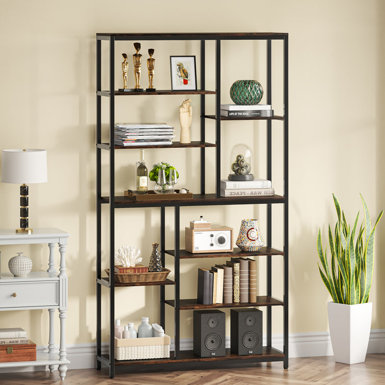 Tribesigns Brown Metal 12-Shelf Ladder Bookcase (39.37-in W x 70.86-in H x 11.81-in D) | HOGA-K0055