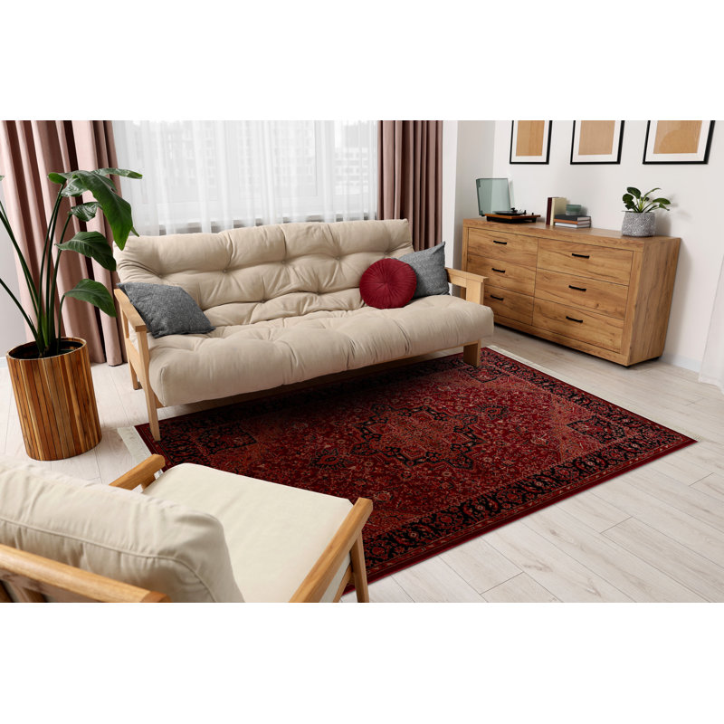 Luca Y307 – Elegant rug with fringes in burgundy & black – Classic Lucaal rug with ornamental & frame pattern