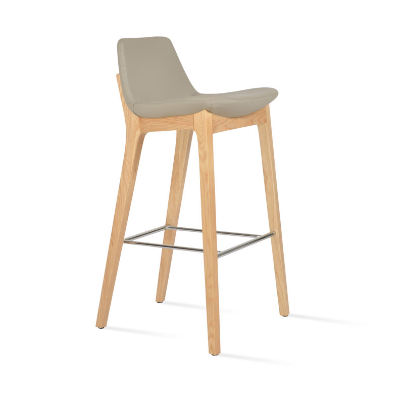 Pera Wood Handle Back Counter & Bar Stool in Natural Ash, Bar Tool (29" Seat Height), Bone Faux Leather
