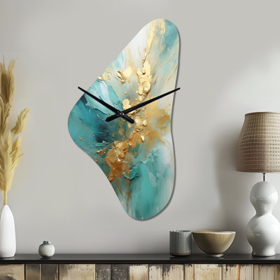 Gold And Teal Aurora Harmony II - Boomerang Shape Decorative Gold Abstract Spirals Wall Clock