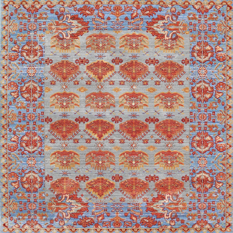 Tapis oriental rouge et bleu, Carré 6 pi