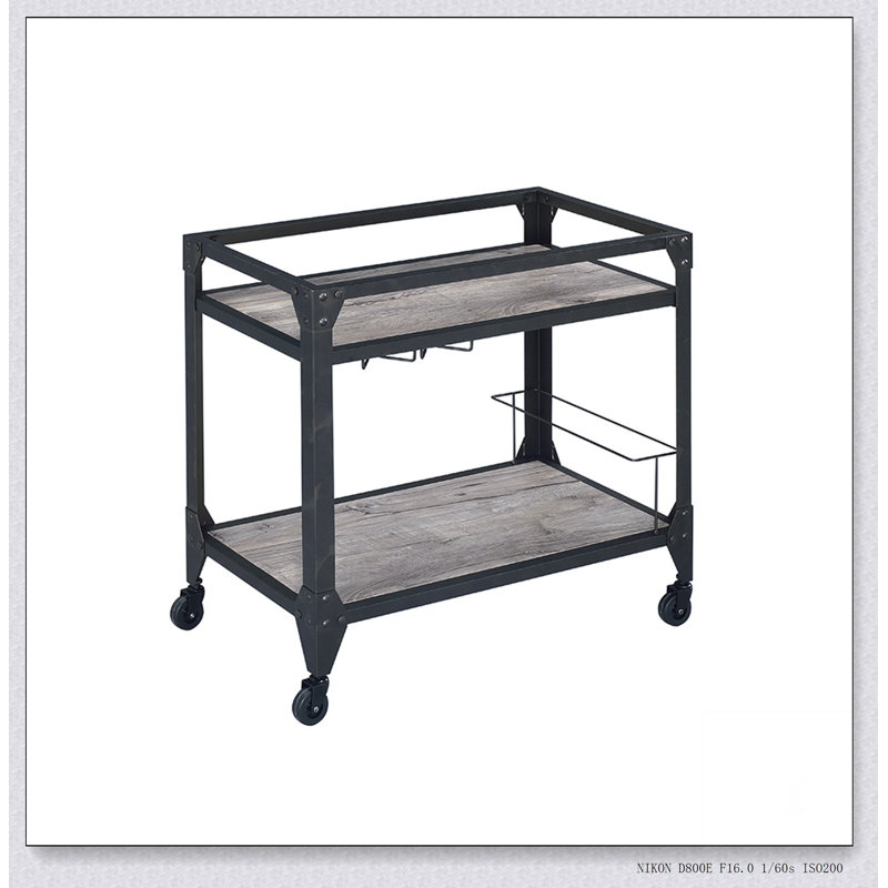 Rustic Oak and Charcoal 2-shelf Serving Cart with Stemware Rack, Wine Storage, and Caster Wheels for Easy Mobility.