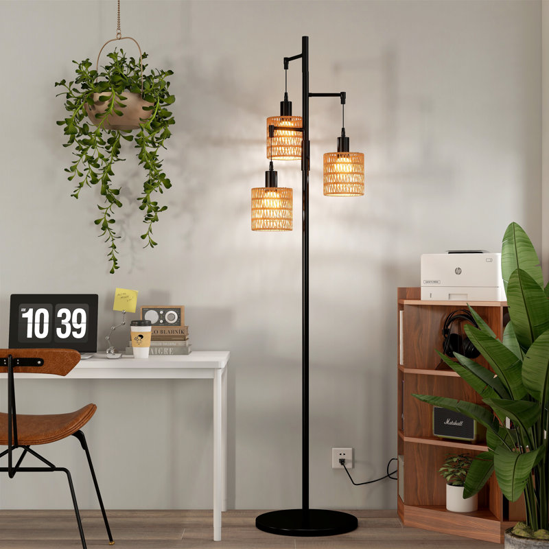 Asiel 65'' Dimmable Black Industrial Tree Floor Lamp with 3 Bulbs Included