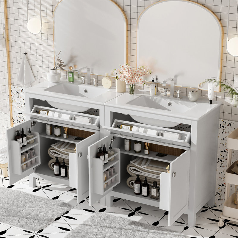Ensemble de meuble-lavabo moderne avec meubles-lavabos doubles, lavabos en céramique, tablette réglable, portes à fermeture en douceur et tiroir rabattable