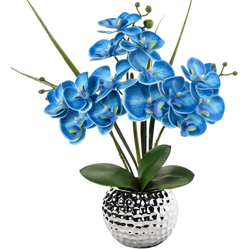 Orchidée artificielle bleue 20 po avec vase argenté 20 po