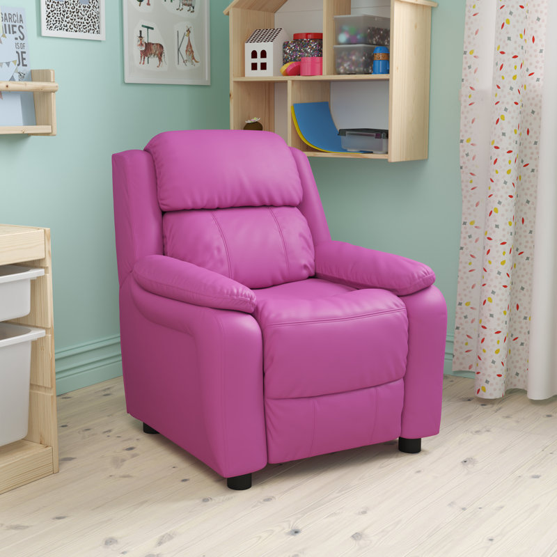 Deluxe Padded Contemporary Kids Recliner with Storage Arms, Vinyl - Hot Pink
