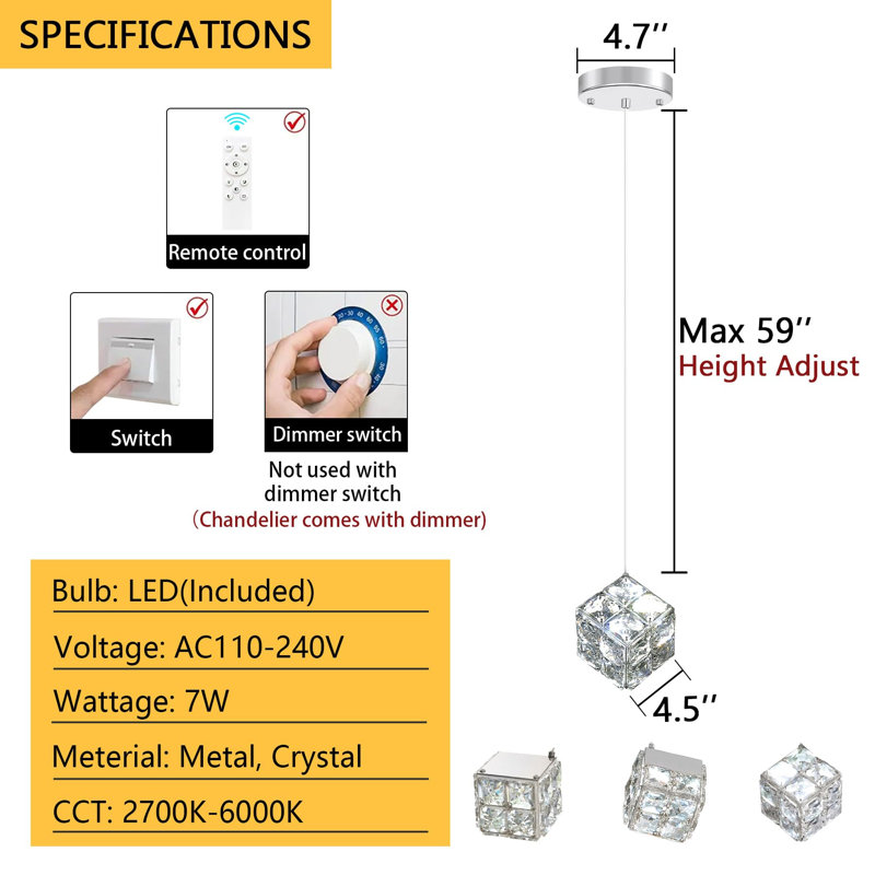 Mini lustres en cristal à intensité variable, H 59 po x l 4,7 po x P 4,7 po, Argent argent, Une lumière
