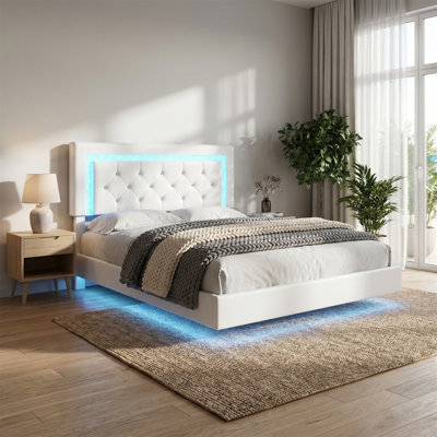 Queen-Size Bed Frame, Floating Platform Bed, Diamond-Quilted Headboard, Upholstered In Soft Faux Leather, No Mattress Base Required, Beige