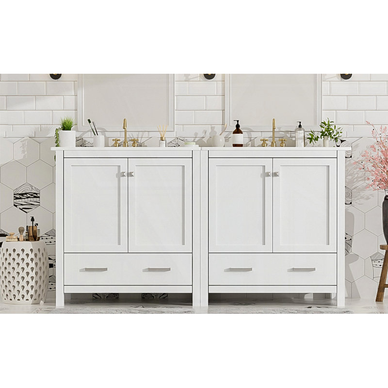 Ensemble de meuble-lavabo double 60 po, Blanc, Argent