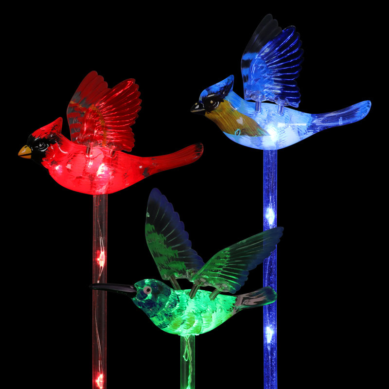 Exhart Solar WindyWing Garden Stake Set of Cardinal, Hummingbird and Blue Bird with Colored LED Lights, 4x27"