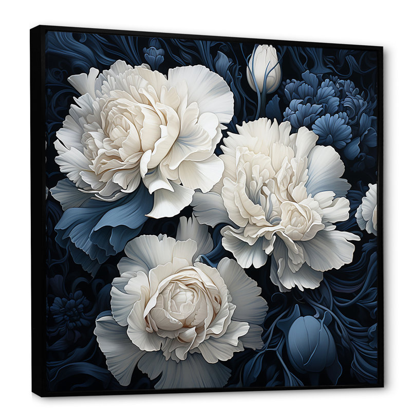 Oeillets blancs et bleus arrangement V - œillets, impressions sur toile, H 16 po x l 16 po x P 1 po, Cadre flottant noir