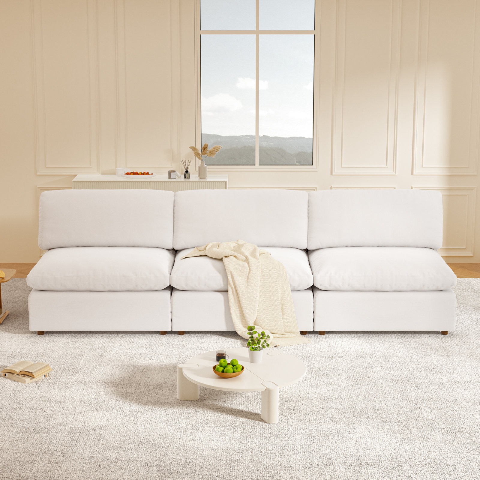 Jossa 113" Linen Modular Sofa, White