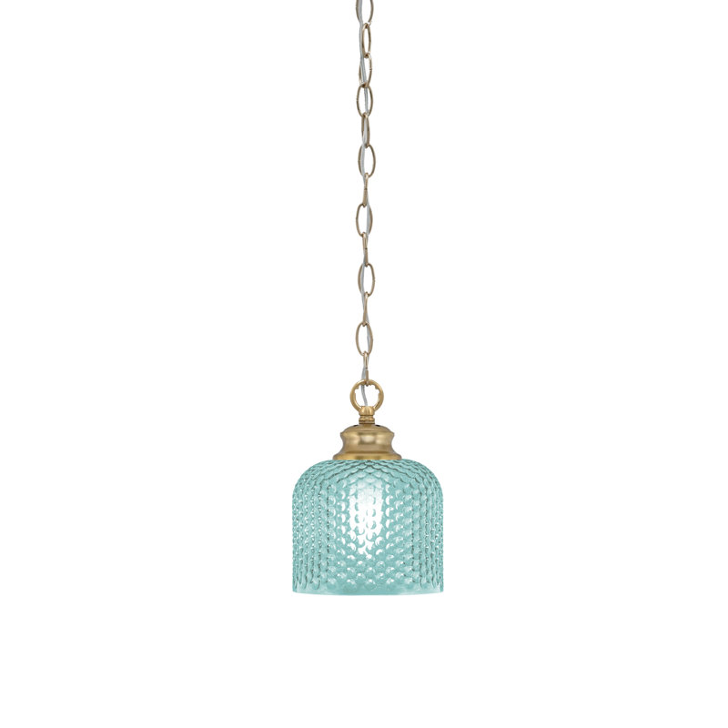 Luminaire suspendu à chaîne Quapaw avec verre texturé de 6 po, Cyan, Laiton New Age