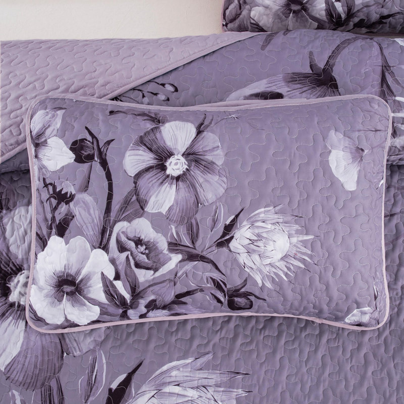 Ensemble de courtepointe 3 pièces Boho Floral, Courtepointe pour lit grand + deux taies décorati, Floral mauve