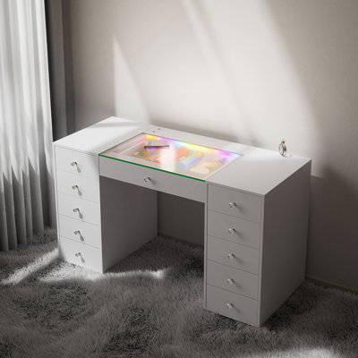 Meuble-lavabo de 51,2 po avec bande lumineuse à DEL RVB, meuble-lavabo moderne en verre avec 11 tiroirs, grande coiffeuse avec 6 modes d'éclairage de couleur pour la chambre à coucher