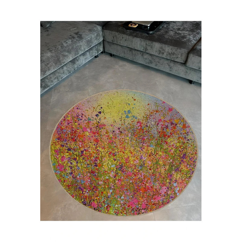 Pastel Theme Mixed Flowers Patterned Round Woven Base Modern Decorative Carpet, Round 2'8"