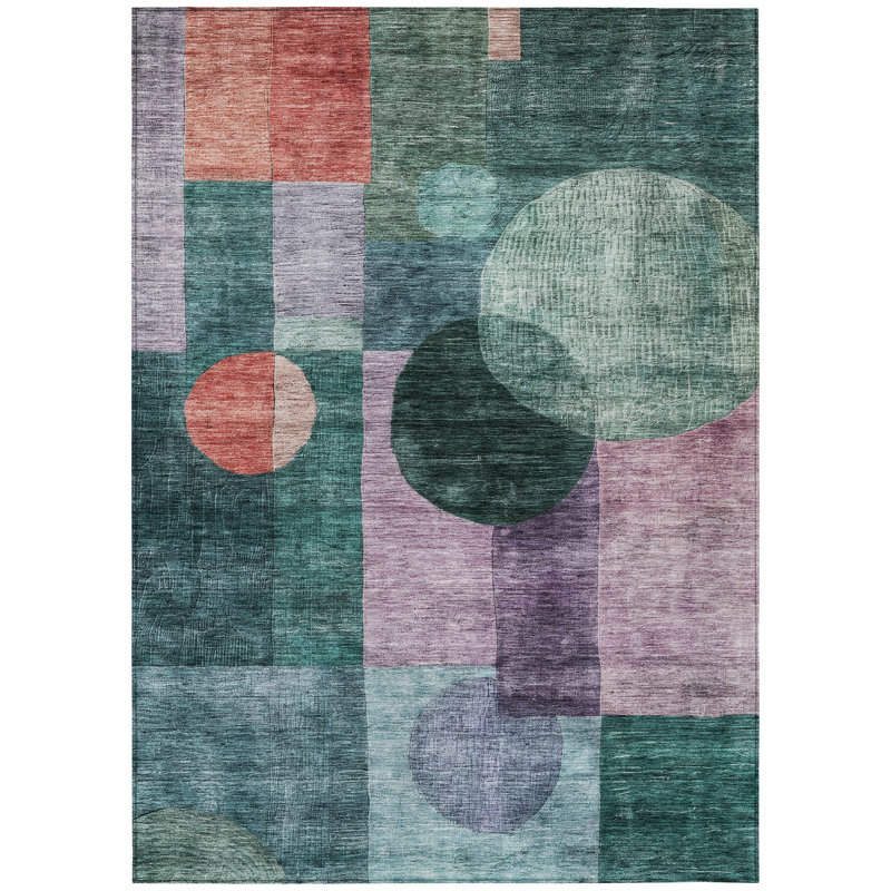 Green Geometric Flat Woven Synthetic Washable Rug 3' x 5'
