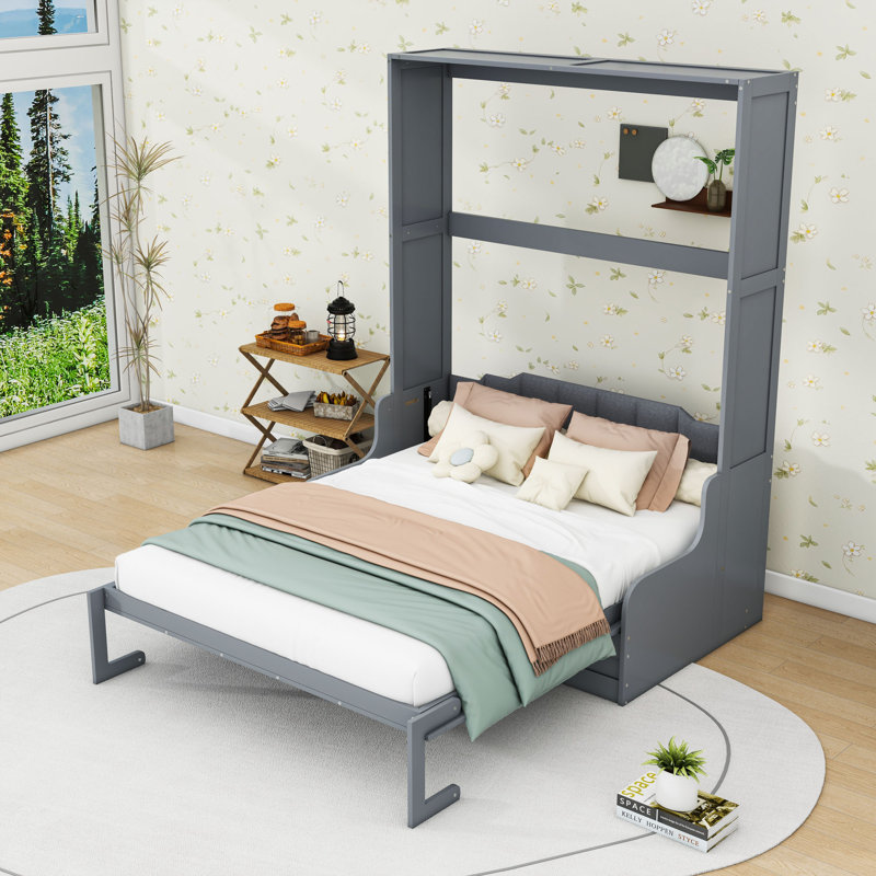 Grand lit escamotable en bois avec canapé et lattes intégrés, gris