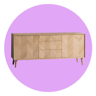 Light oak sideboard with a chevron-patterned front, featuring two outer cupboards and three central drawers on tapered wooden legs against a purple circular background.
