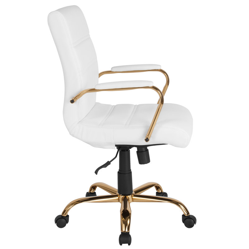 Whitney Ergonomic Upholstered Mid-Back Swivel Office Chair, Gold, White Faux Leather