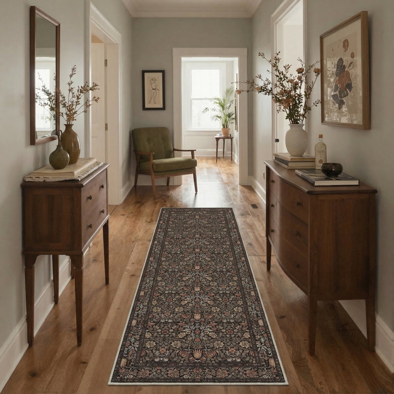 Verona Vintage Floral Machine Washable Black Indoor Area Rug with Non-Slip Backing, Runner 2' x 6'
