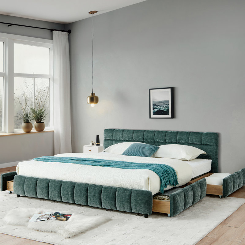 Très grande base de lit tapissier très grande bleue et rangement de tiroir pratique avec housse en chenille, espace de sommeil confortable